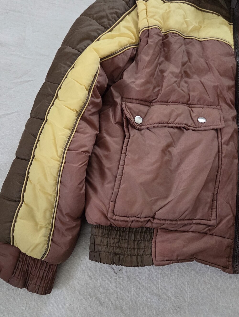 Vintage Men's Brown & Yellow Colorblock Puffer Jacket XL Neutral - Picture 4 of 14